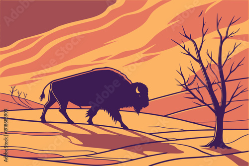 Majestic bison grazing at sunset with dramatic orange sky and barren tree silhouette