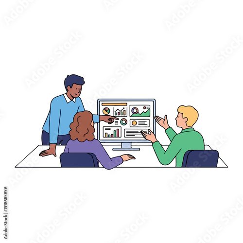Illustration of a diverse team collaborating around a computer displaying graphs and charts in a modern office setting with a professional mood.