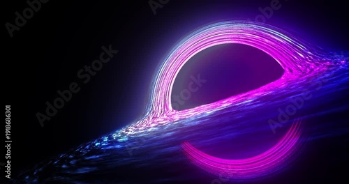 Futuristic neon black hole with purple and blue glowing accretion disk in deep space.