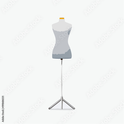 Female mannequin on a metal stand isolated on white background.