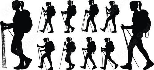 Female hiker silhouettes walking with trekking poles backpack isolated on white background outdoor adventure vector illustration set