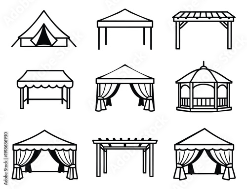 Line art outdoor structures set featuring tents, pergolas, gazebos and market stalls for various events