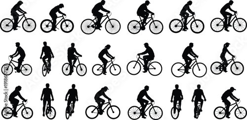 Cyclist silhouettes set, men and women riding bicycles, urban commuting and sport cycling poses, active lifestyle, black isolated illustration, collection