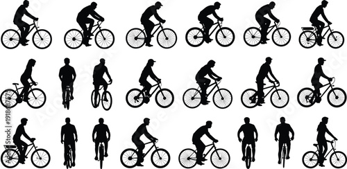 Cyclist silhouettes set, men and women riding bicycles, biking poses collection, urban transport activity, fitness lifestyle, black isolated illustration