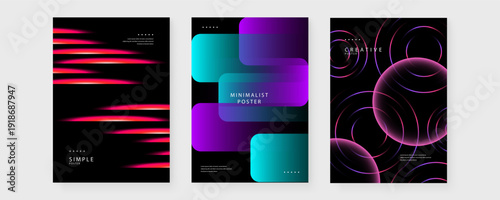 Set of three modern posters featuring horizontal light speed lines and transparent rounded geometric layers