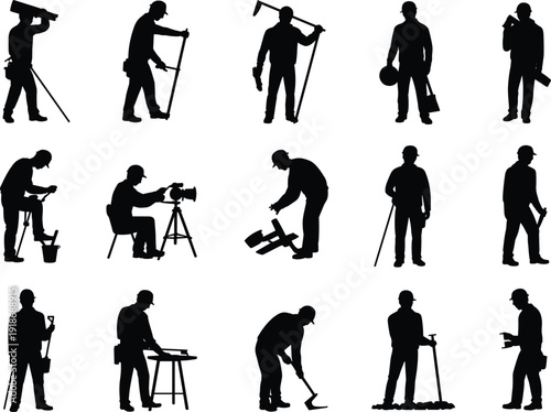 Construction worker silhouettes set, industrial labor men using tools, manual work activities, repair, maintenance, engineering, workforce illustration concept