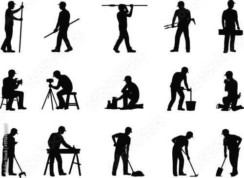 Construction worker silhouettes collection, industrial labor men using tools, manual work poses, repair, maintenance, engineering, workforce concept, illustration, isolated, white