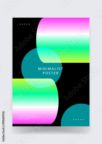 Modern minimalist poster featuring soft liquid gradient shapes in pink and green overlapping on a dark black background