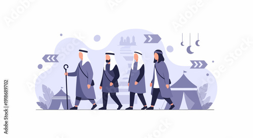 Illustration depicting a group of men wearing traditional Middle Eastern attire walking together.