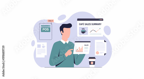 Man analyzing business data and financial reports on various screens.