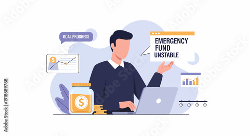 Man analyzing emergency fund stability on laptop for financial planning.