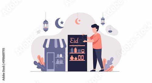 Man arranging products on a shelf for Eid celebration.