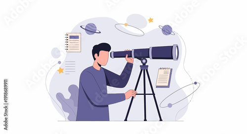 Man Observing Stars with Telescope Exploring Universe and Astronomy.