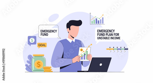 Man presenting emergency fund plan for unstable income financial stability concept.
