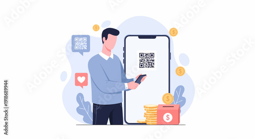 Man scanning QR code on smartphone for digital payment transaction.