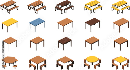 Wooden Table and Picnic Bench Icon Set with Square, Round, and Outdoor Furniture Variations in Isometric Vector Style