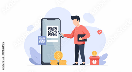 Man using smartphone to scan QR code for mobile payment or donation.