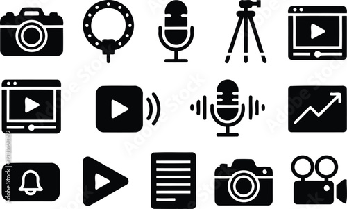 Recording Essentials: A collection of essential tools for video production and content creation, including a camera, microphone, and play button, ready to capture and share stories.