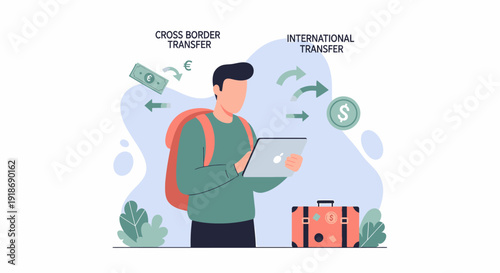 Man using tablet for international money transfer with suitcase.