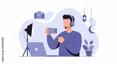 Man wearing headphones holding smartphone and pointing live streaming video.