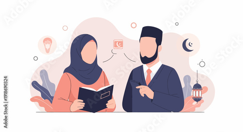 Muslim couple reading holy book together.