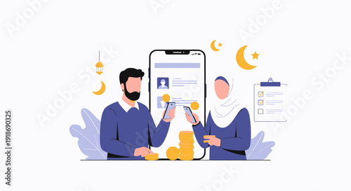 Muslim couple using mobile banking app for financial transactions.
