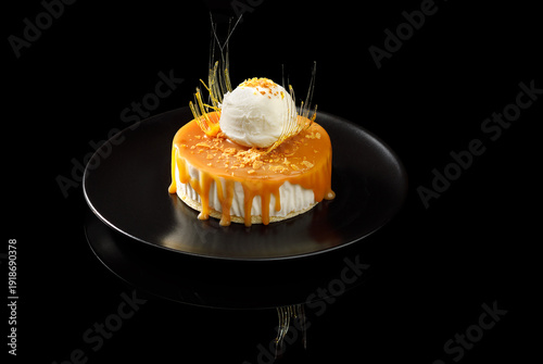 Caramel glazed dessert with ice cream
