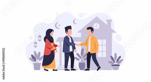 Muslim family greeting and shaking hands during Eid alFitr celebration.