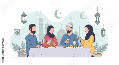 Muslim family enjoying Iftar dinner together during Ramadan celebration.