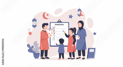 Muslim family observing Ramadan checklist together.