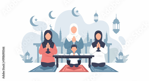 Muslim Family Praying Together During Religious Observance.