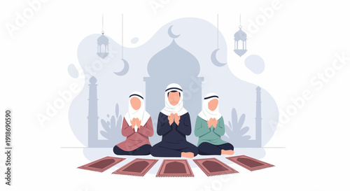 Muslim family praying together on prayer mats during religious observance.