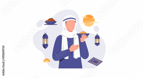 Muslim man holding a tray with food for breaking fast.