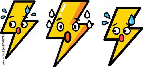 Three distressed yellow lightning bolt vector characters with sweat drops and surprised expressions, isolated on a transparent background.