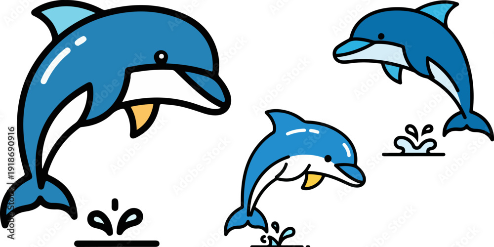 Fototapeta premium Jumping dolphin vector icon collection. Includes three distinct dolphin illustrations in various jumping poses with water splashes. Created in a flat cartoon style with a blue and white color