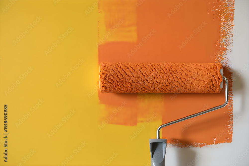 Obraz premium Orange paint roller on yellow and orange wall yellow wall painting