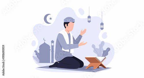 Muslim man praying with open hands kneeling on a prayer rug in a tranquil setting.