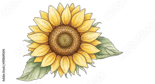 A beautiful bright yellow sunflower blossom with green leaves is isolated on a white background, showcasing the summer beauty of a single nature plant in a floral closeup