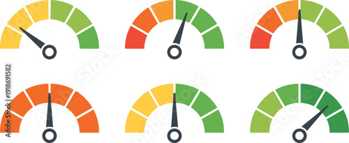 Gauge meter vector icons, performance scale illustration, dashboard status indicator graphics, colorful assessment artwork, rating level design elements for analytics