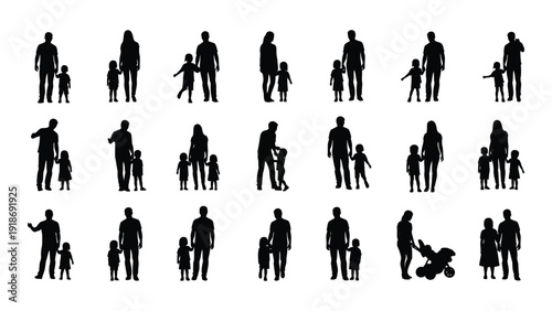 Silhouettes of people in various poses and activities against a white background isolated on white background, Vector