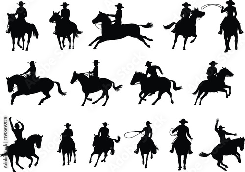 Cowboy riding horse silhouette collection western ranch roping action isolated on white background vector illustration set