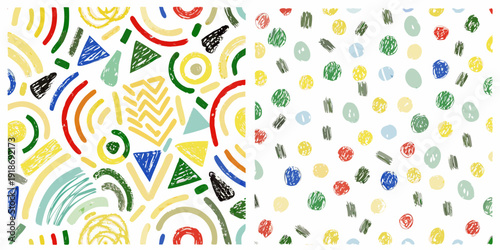 Colorful abstract shapes and doodles scattered across a white background