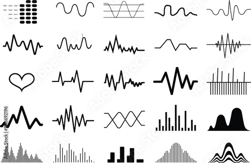 Abstract audio waveform icons set sound signal frequency equalizer pulse collection isolated on white background vector illustration