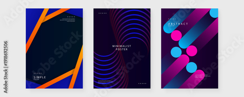 A set of three modern posters including geometric frames, twisted spiral lines, and diagonal pill shapes with blue and pink gradients