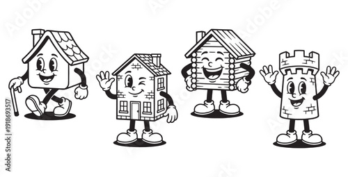 Vintage Cartoon House and Home Characters Set
