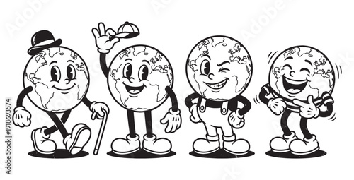 Vintage Cartoon Earth Globe Characters Set