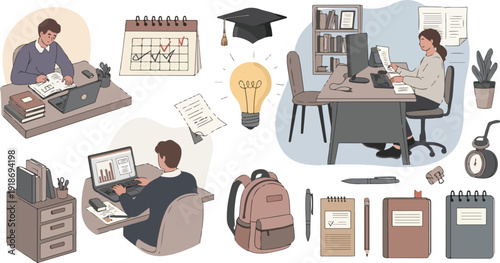 Academic Study and Remote Work Concept Illustration with Students and Office Stationery