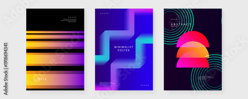 A set of three modern posters featuring horizontal stripes 3D fluid paths and semicircles