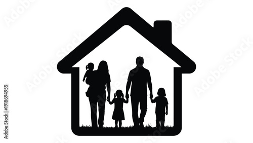 A silhouette of a family of five standing in front of a house isolated on white background, Vector