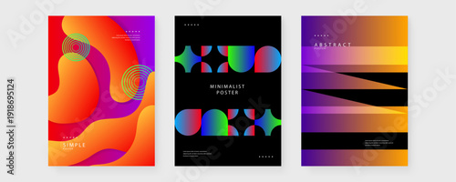 A set of three posters combining organic liquid shapes with structured geometric patterns and bright color palettes